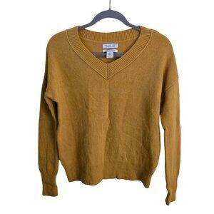 Rachel Zoe 100% Cashmere V Neck Mustard Ribbed Hems Sweater Size S